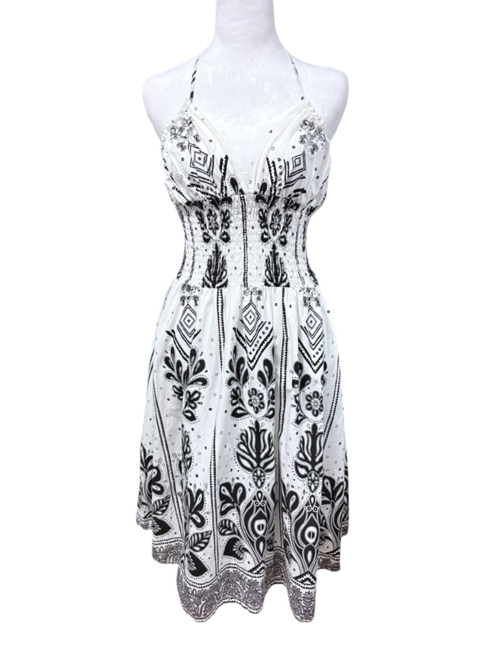 Striking 100% Cotton White and Black Bandana Printed Boho-Chic Dress Beach SZ L